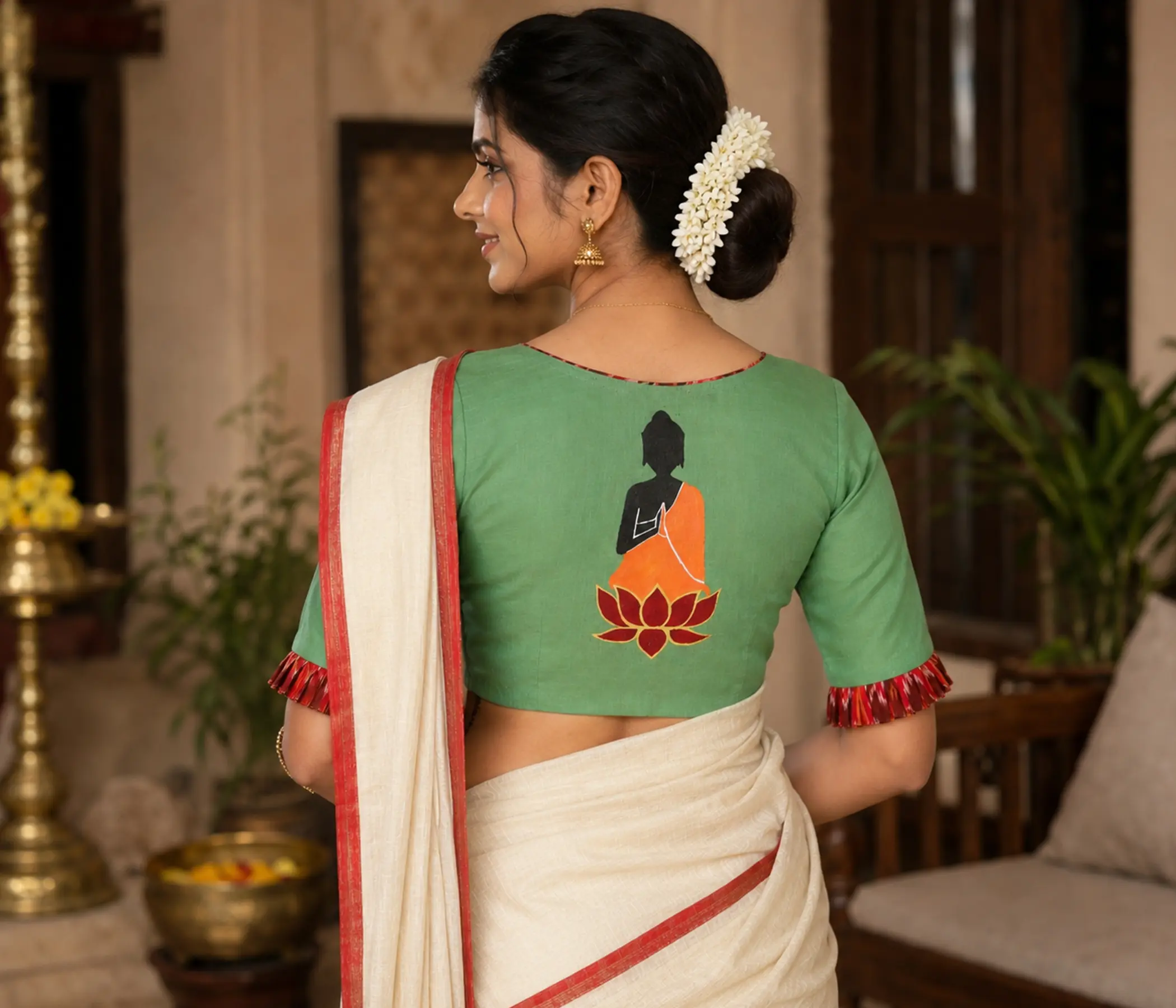 Meditating Buddha Sage Green Blouse Back Design concept